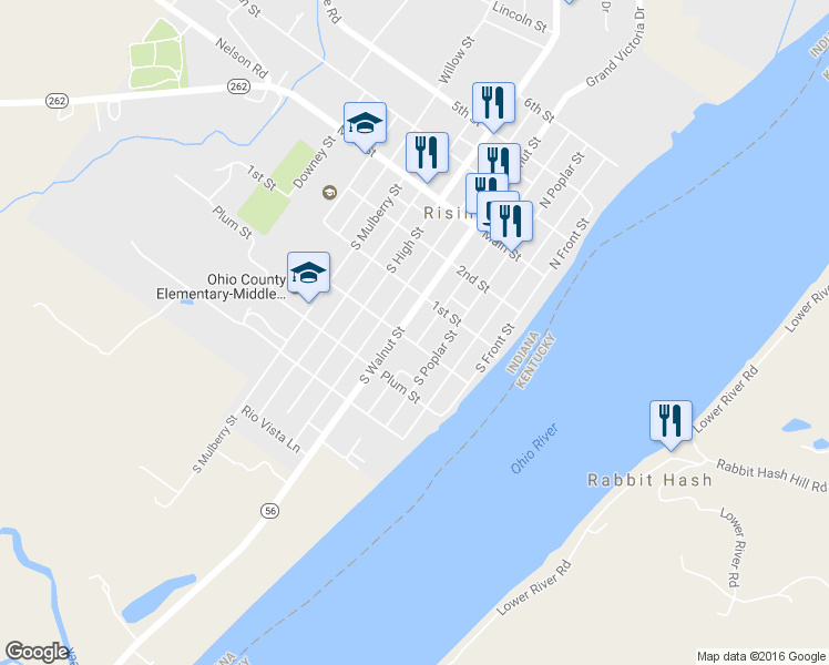 map of restaurants, bars, coffee shops, grocery stores, and more near 319 South Walnut Street in Rising Sun