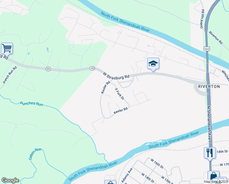 map of restaurants, bars, coffee shops, grocery stores, and more near 1211 South Fork Drive in Front Royal