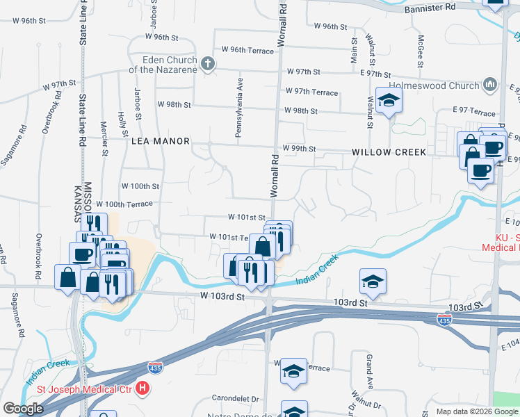 map of restaurants, bars, coffee shops, grocery stores, and more near 412 West 101st Street in Kansas City