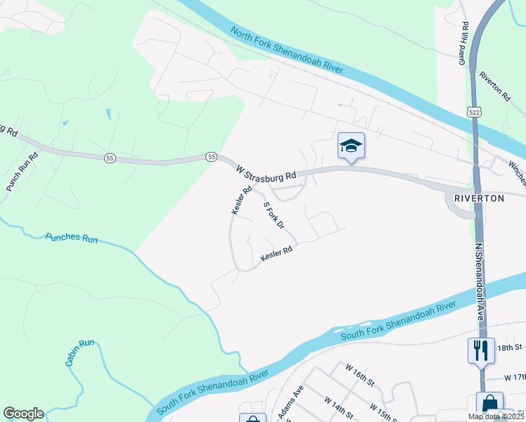 map of restaurants, bars, coffee shops, grocery stores, and more near 1211 South Fork Drive in Front Royal