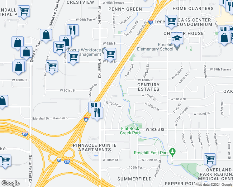 map of restaurants, bars, coffee shops, grocery stores, and more near 10174 Haskins Street in Lenexa