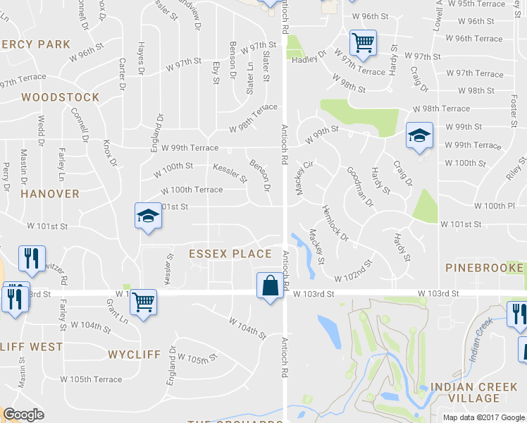 map of restaurants, bars, coffee shops, grocery stores, and more near 8803 West 101st Street in Overland Park