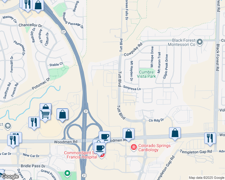 map of restaurants, bars, coffee shops, grocery stores, and more near 7856 Country Lane in Colorado Springs