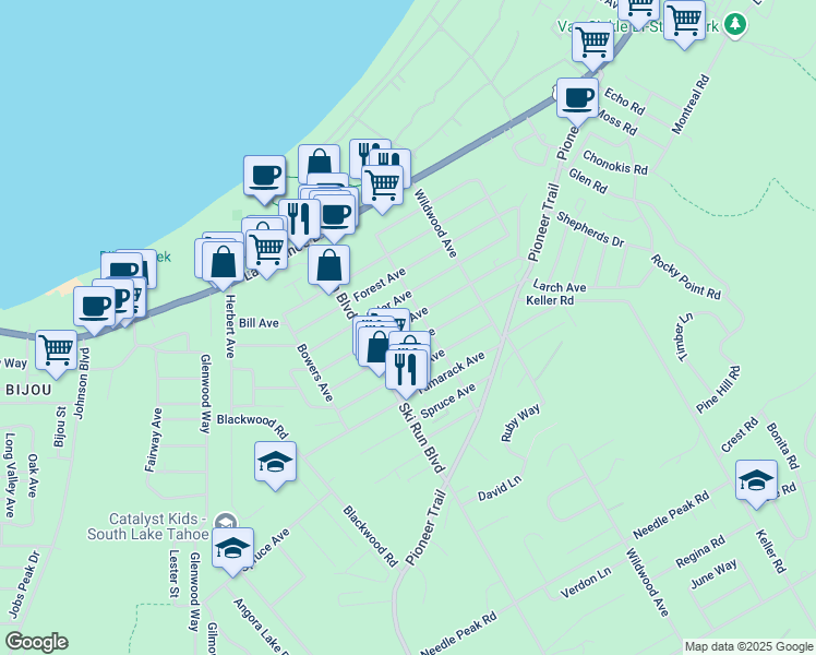 map of restaurants, bars, coffee shops, grocery stores, and more near 3692 Aspen Avenue in South Lake Tahoe
