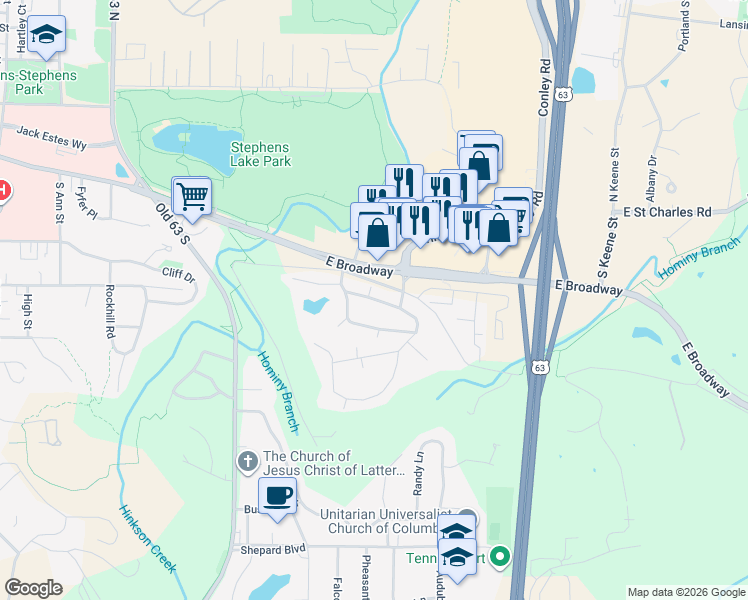 map of restaurants, bars, coffee shops, grocery stores, and more near 36 Broadway Village Dr in Columbia
