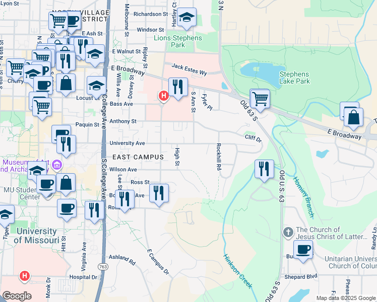 map of restaurants, bars, coffee shops, grocery stores, and more near 1626 University Avenue in Columbia