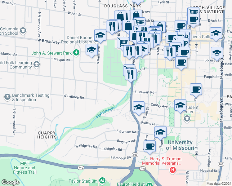 map of restaurants, bars, coffee shops, grocery stores, and more near 100 East Stewart Road in Columbia