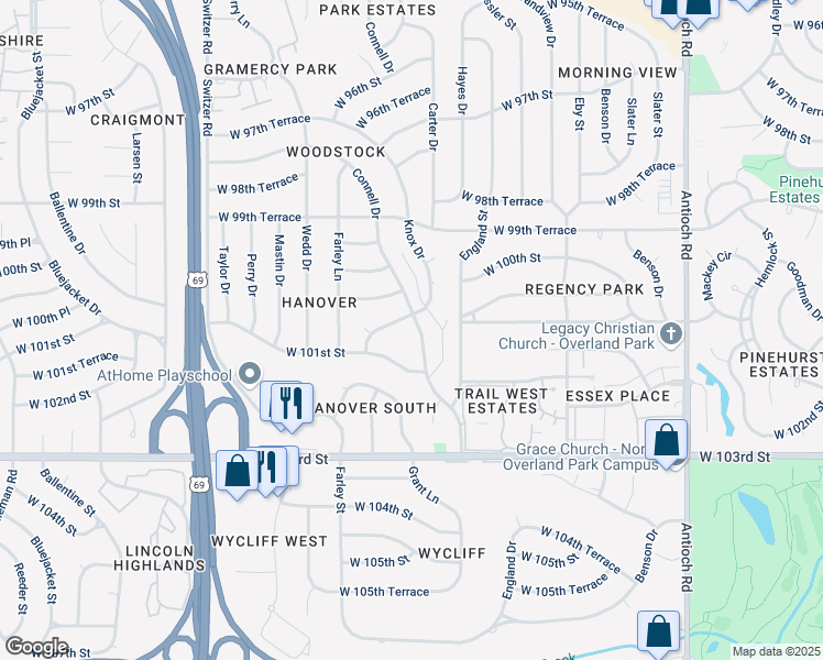 map of restaurants, bars, coffee shops, grocery stores, and more near 10033 Connell Drive in Overland Park