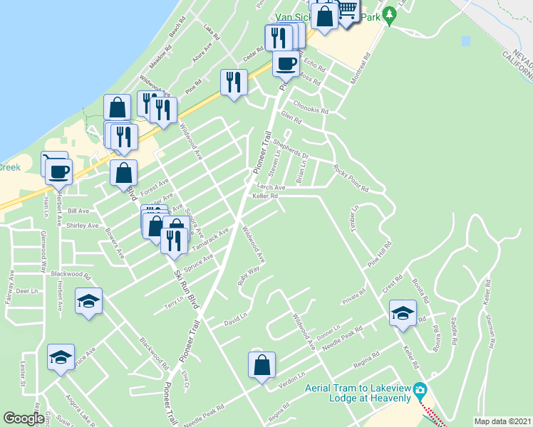 map of restaurants, bars, coffee shops, grocery stores, and more near 3797 Stewart Way in South Lake Tahoe