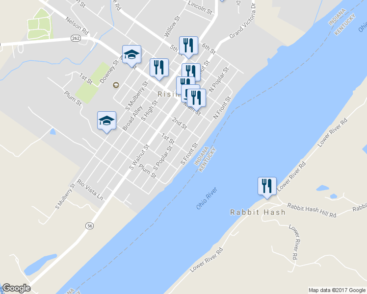 map of restaurants, bars, coffee shops, grocery stores, and more near 110 1st Street in Rising Sun
