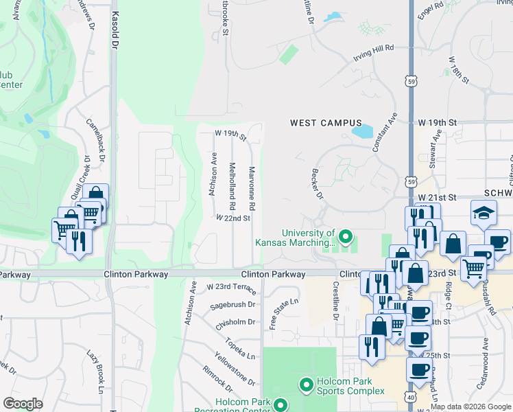 map of restaurants, bars, coffee shops, grocery stores, and more near 2114 Marvonne Road in Lawrence
