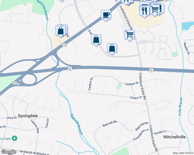 map of restaurants, bars, coffee shops, grocery stores, and more near 4019 Caribon Street in Bowie