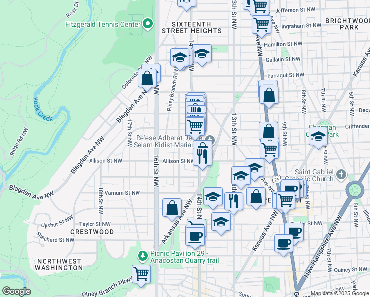 map of restaurants, bars, coffee shops, grocery stores, and more near 1424 Buchanan Street Northwest in Washington