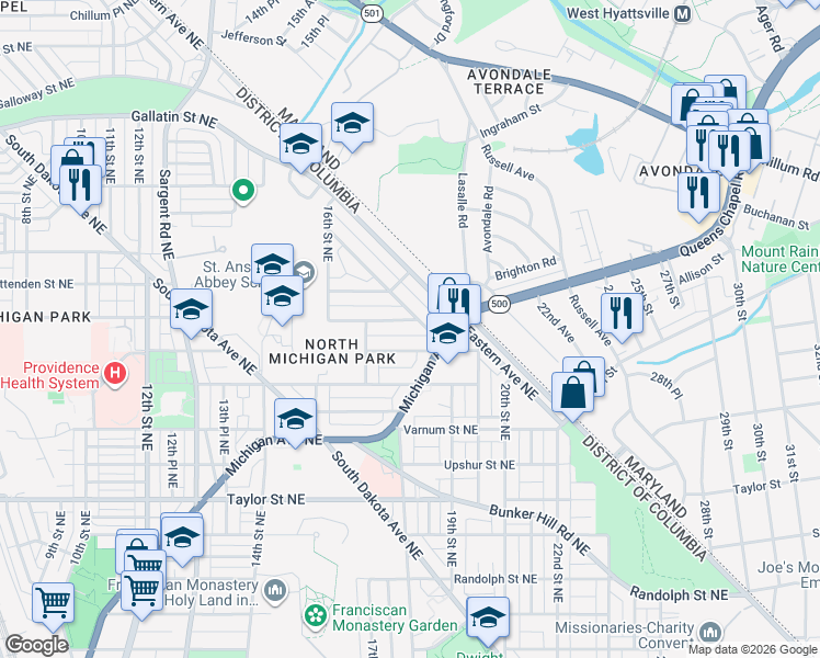 map of restaurants, bars, coffee shops, grocery stores, and more near 1745 Buchanan Street Northeast in Washington