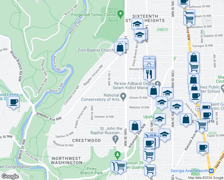 map of restaurants, bars, coffee shops, grocery stores, and more near 1620 Buchanan Street Northwest in Washington