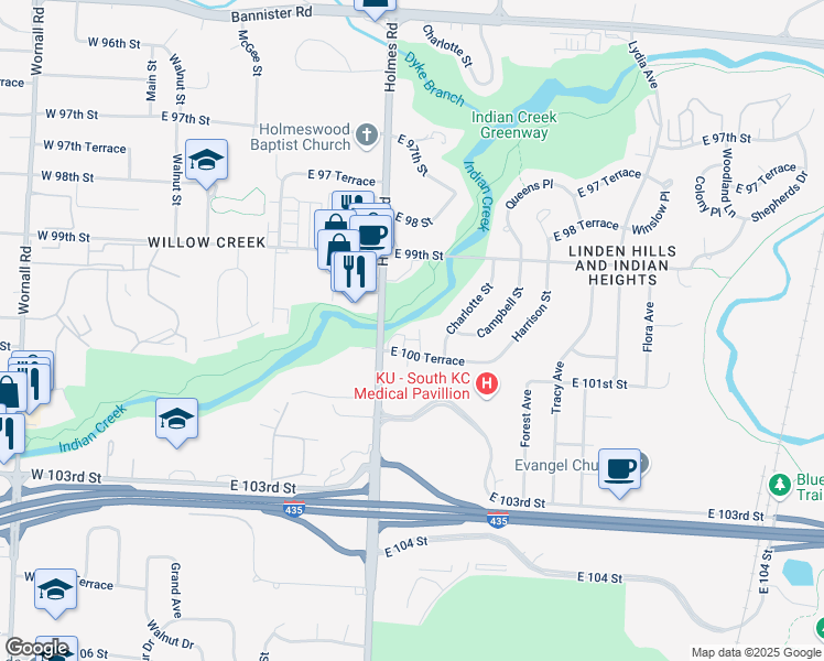 map of restaurants, bars, coffee shops, grocery stores, and more near 10001 Holmes Road in Kansas City