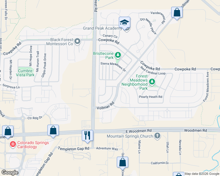 map of restaurants, bars, coffee shops, grocery stores, and more near 6931 Forest Garden Trail in Colorado Springs