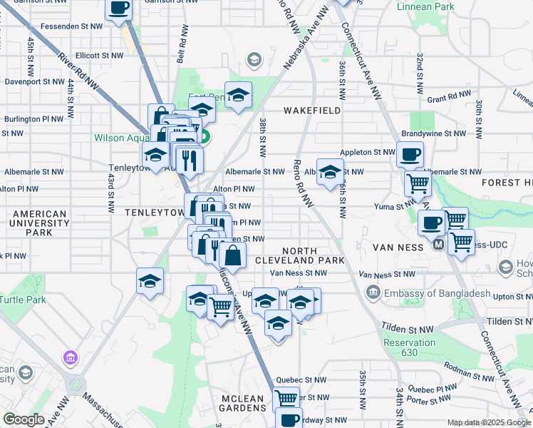 map of restaurants, bars, coffee shops, grocery stores, and more near 4305 38th Street Northwest in Washington