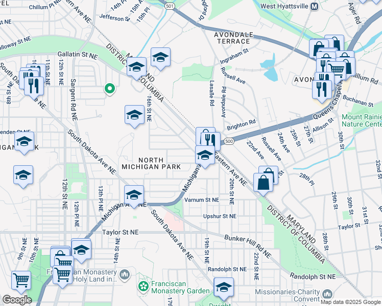 map of restaurants, bars, coffee shops, grocery stores, and more near 4626 Queens Chapel Terrace Northeast in Washington