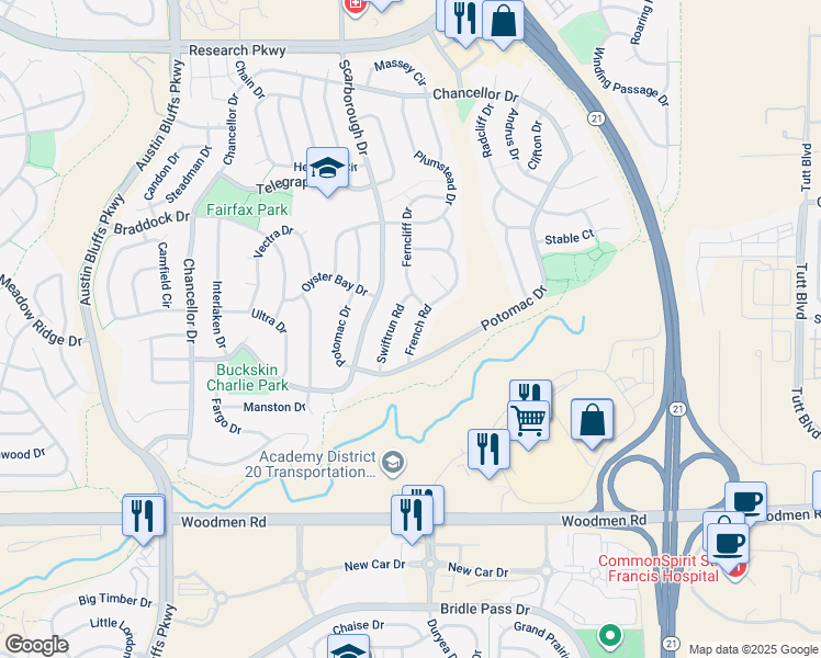 map of restaurants, bars, coffee shops, grocery stores, and more near 7832 French Road in Colorado Springs