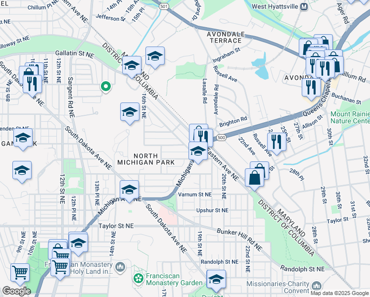 map of restaurants, bars, coffee shops, grocery stores, and more near 4626 Queens Chapel Terrace Northeast in Washington
