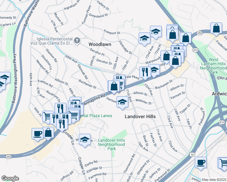 map of restaurants, bars, coffee shops, grocery stores, and more near Annapolis Road in Hyattsville