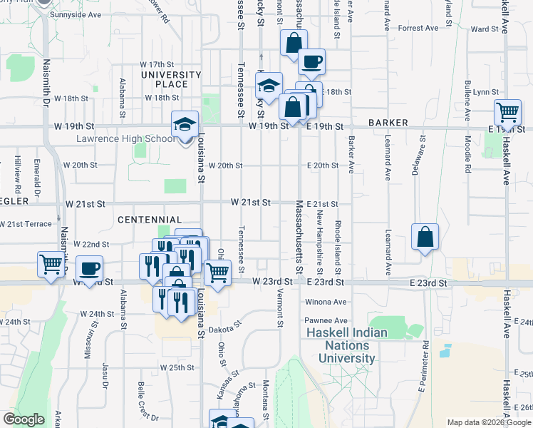 map of restaurants, bars, coffee shops, grocery stores, and more near 2112 Kentucky Street in Lawrence