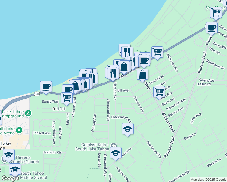 map of restaurants, bars, coffee shops, grocery stores, and more near 1038 Herbert Avenue in South Lake Tahoe