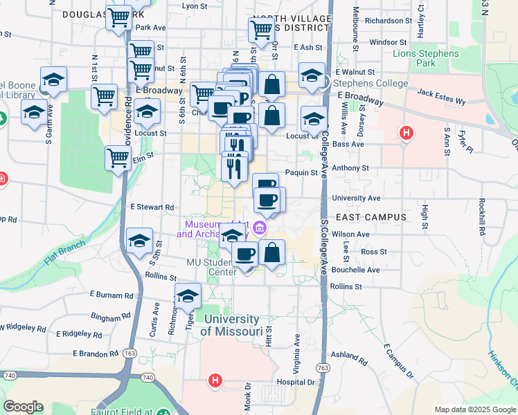 map of restaurants, bars, coffee shops, grocery stores, and more near 505 Hitt Street in Columbia