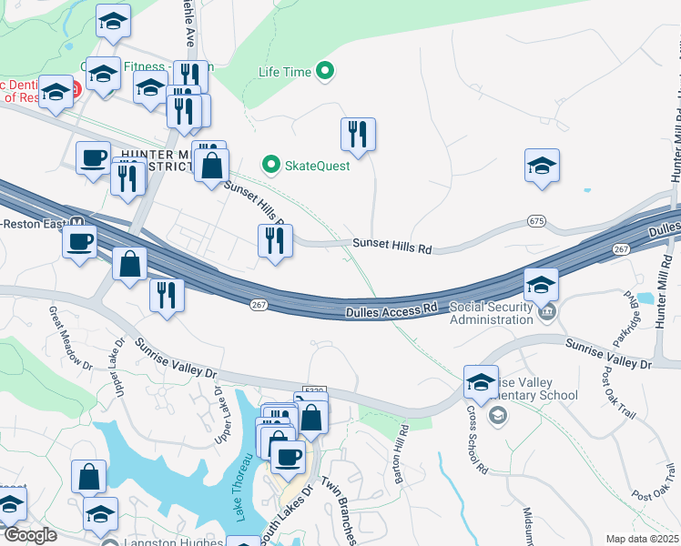 map of restaurants, bars, coffee shops, grocery stores, and more near 11091 Sunset Hills Road in Reston