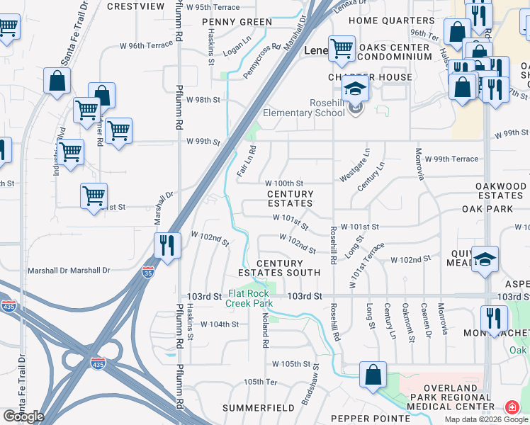 map of restaurants, bars, coffee shops, grocery stores, and more near 12918 West 101st Street in Lenexa
