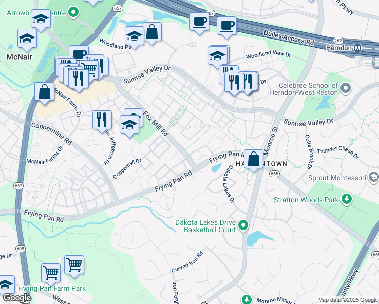 map of restaurants, bars, coffee shops, grocery stores, and more near 13184 Marcey Creek Road in Herndon