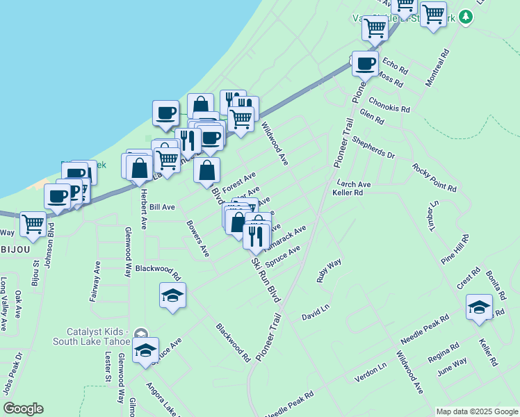 map of restaurants, bars, coffee shops, grocery stores, and more near 3692 Aspen Avenue in South Lake Tahoe