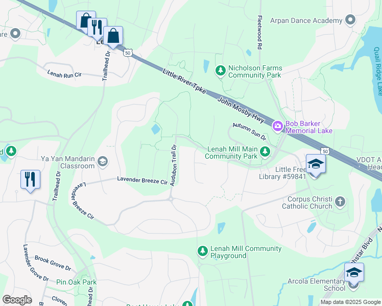 map of restaurants, bars, coffee shops, grocery stores, and more near 24279 Misty Dew Place in Aldie