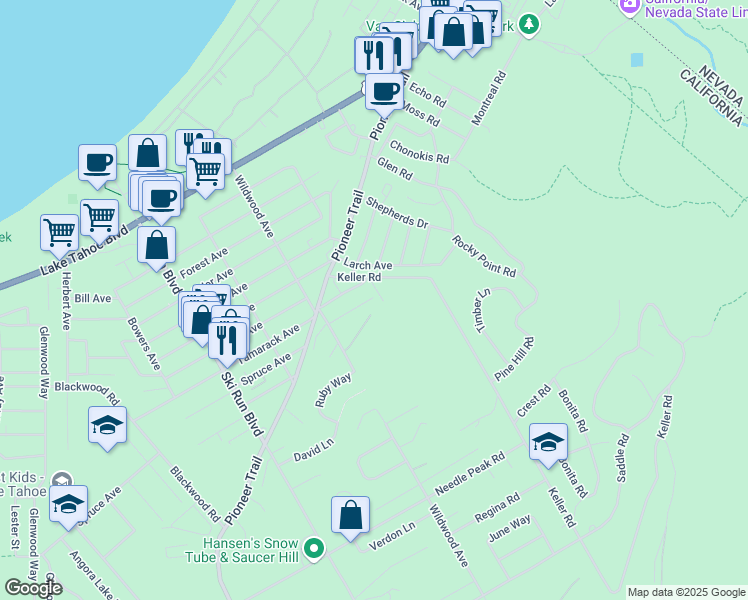 map of restaurants, bars, coffee shops, grocery stores, and more near 3814 Stewart Way in South Lake Tahoe