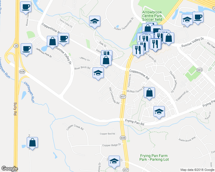 map of restaurants, bars, coffee shops, grocery stores, and more near 13572 Big Boulder Road in Herndon