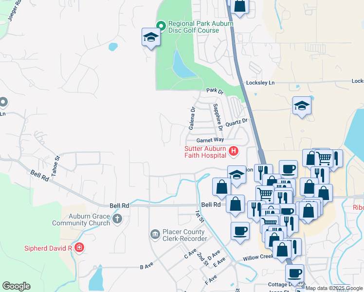 map of restaurants, bars, coffee shops, grocery stores, and more near 3527 Galena Drive in Auburn