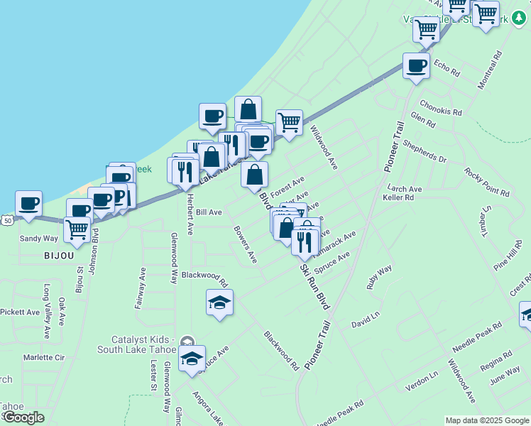 map of restaurants, bars, coffee shops, grocery stores, and more near 1072 Ski Run Boulevard in South Lake Tahoe