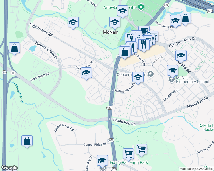 map of restaurants, bars, coffee shops, grocery stores, and more near 13510 Nickleback Court in Herndon