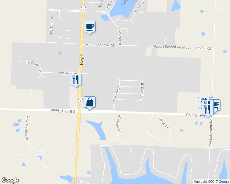 map of restaurants, bars, coffee shops, grocery stores, and more near 9329 Southwest 2nd Street in Blue Springs