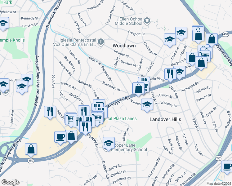 map of restaurants, bars, coffee shops, grocery stores, and more near 4711 Glenoak Road in Hyattsville