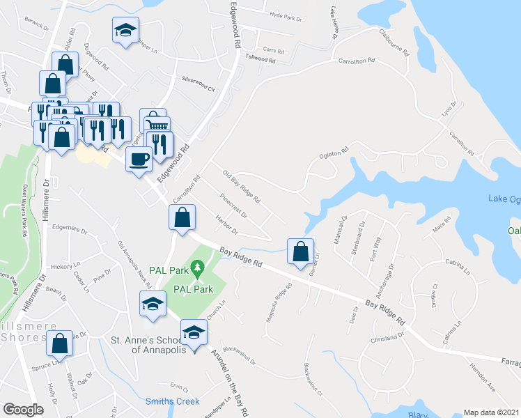 map of restaurants, bars, coffee shops, grocery stores, and more near 1027 Old Bay Ridge Rd in Annapolis