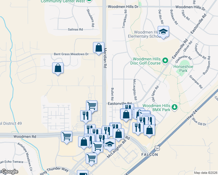 map of restaurants, bars, coffee shops, grocery stores, and more near in Falcon