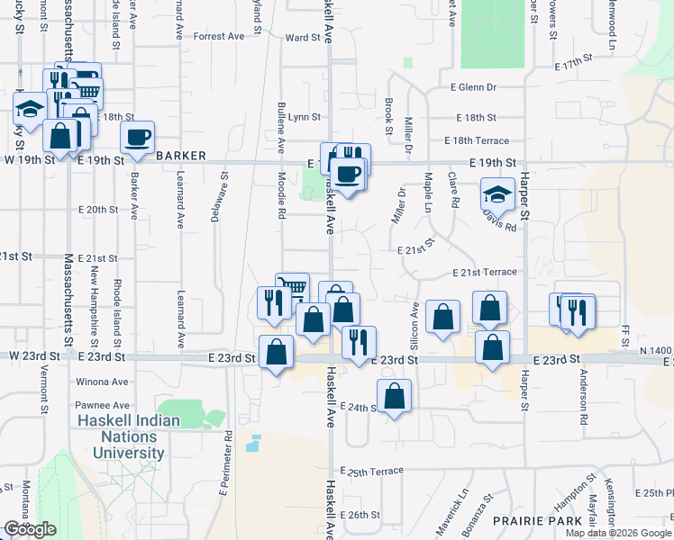 map of restaurants, bars, coffee shops, grocery stores, and more near 2100 Haskell Avenue in Lawrence
