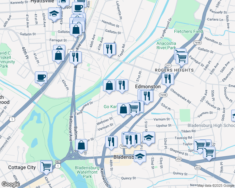 map of restaurants, bars, coffee shops, grocery stores, and more near 4905 Buchanan Street in Hyattsville