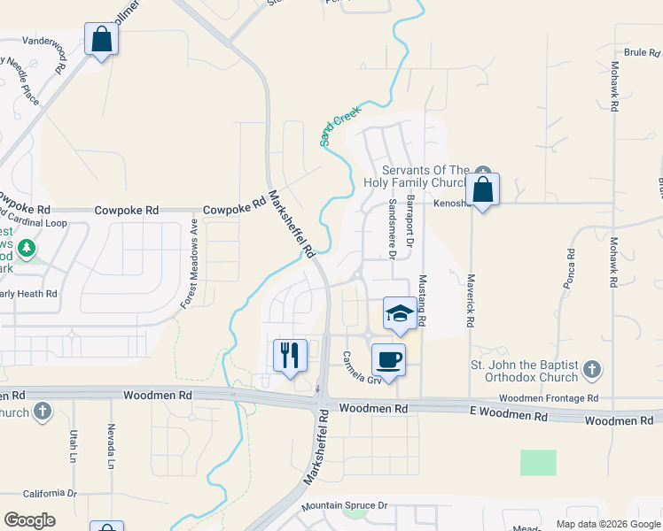 map of restaurants, bars, coffee shops, grocery stores, and more near 8008 Codrington Place in Colorado Springs