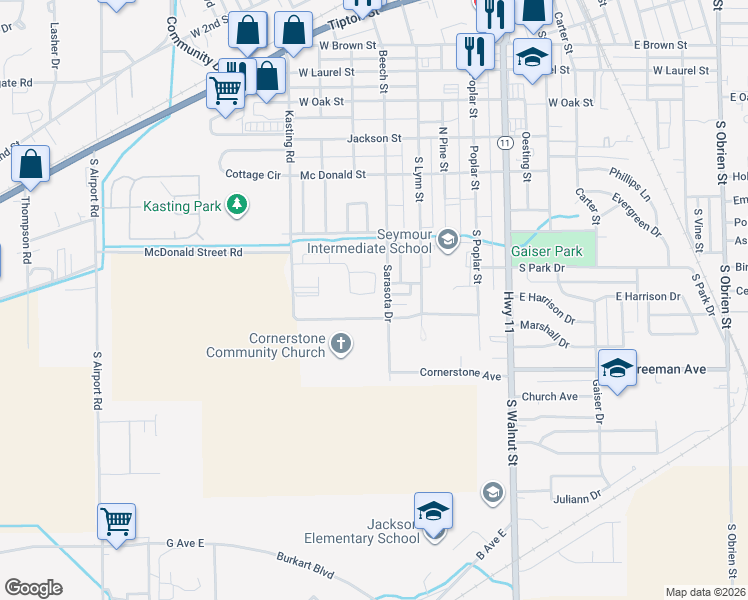 map of restaurants, bars, coffee shops, grocery stores, and more near 841 Freedom Drive in Seymour