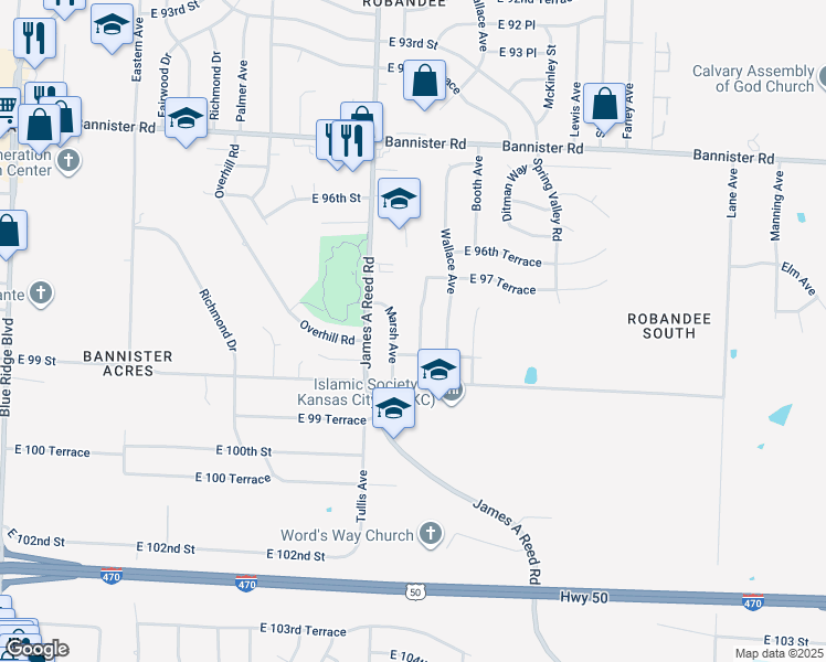 map of restaurants, bars, coffee shops, grocery stores, and more near 9802 Donnelly Avenue in Kansas City