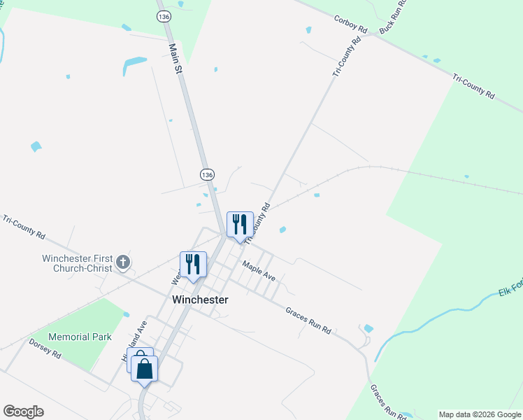 map of restaurants, bars, coffee shops, grocery stores, and more near 2112 Tri-County Rd in Winchester