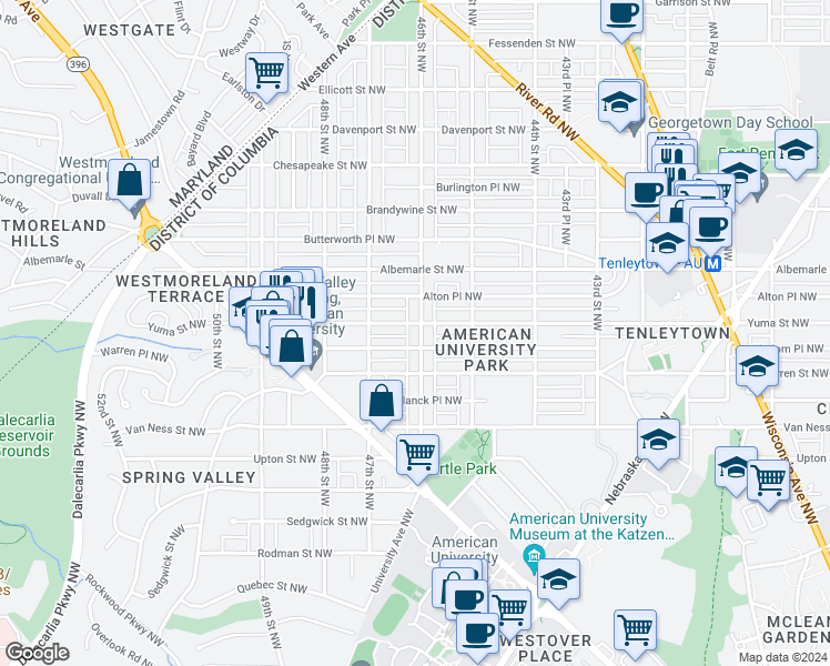 map of restaurants, bars, coffee shops, grocery stores, and more near 4332 46th Street Northwest in Washington